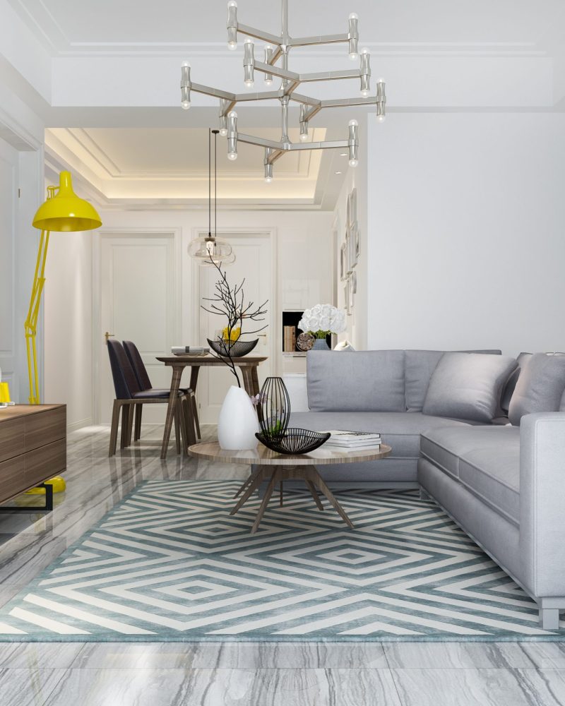 3d rendering modern dining room and living room with luxury decor and yellow lamp